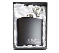 Personalised Stainless Steel 6oz Hip Flasks in a White Lined Satin Gift Box + Funnel (Design 2)