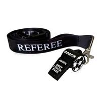 Personalised Stainless Steel Black Whistle, Lanyard/Rope Choice, Coaches, PE Teacher, Lifeguard, Football, Rugby Gift (Referee Lanyard, Black)