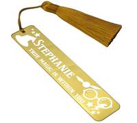 Personalised Stainless Steel Bookmark Wizarding World Inspired Magical Gift for Book Witches or Wizards Movie Fans (Design #1, Gold)
