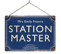 Personalised Station Master - Blue. Small metal sign with 4 corner holes. Train Platform Steam Any name