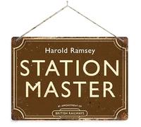 Personalised Station Master - Brown. Large metal sign with 4 corner holes. Train Platform Steam Any name