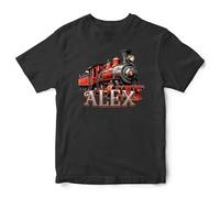 Personalised Steam Train Boys T Shirt Vintage Railway Trains Kids Custom Name Tee Top, 5-6 Years, Black