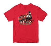 Personalised Steam Train Boys T Shirt Vintage Railway Trains Kids Custom Name Tee Top, 7-8 Years, Red
