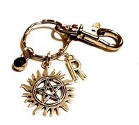Personalised Steel Supernatural Pentagram Keychain with Initial & Birthstone, Anti-Possession Keyring, Winchester, Burning Pentagram Keyring