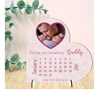 Personalised Step-Dad Heart Plaque - Sentimental Father’s Day Gift with Custom Date & Photo for New Daddy's - Babys Birthdate Keepsake Photo Gifts (Pink, MDF Wood - Small - 85mm x 80mm)