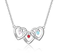 Personalised Sterling Silver 3 Heart Love Necklace for Women Crystal Pendant for Mum Grandma BFF Name Necklace Chain Customised Love Gifts 3 Simulated Birthstone 3 Engraved Name Cusume Jewellery