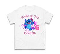 Personalised Stitch Birthday Girl T-Shirt - Custom Name and Age Funny Gift for Stitch Lover Girls Cartoon Tee Unisex Kids & Adults Top (White, 7 Years)