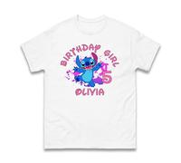 Personalised Stitch Birthday Girl T-Shirt - Custom Name and Age Funny Gift for Stitch Lover Girls Cartoon Tee Unisex Kids Adults Top (White, 5 Years)