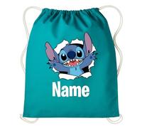 Personalised Stitch Your Name Gymsac, Retro Famous Cartoon Character Printed PE Kit Drawstring Bag, Back to School, Natural Coloured String (Jade/Natural)