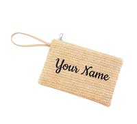 Personalised Straw Clutch Bag, Personalized Woven Wristlet for Women - Custom Embroidered Name Small Phone Purse, Handmade Summer Beach Handbag, Gift for Bridesmaid Best Friend (B)