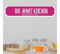Personalised Street Sign Plaque - Custom Family Surname Kitchen | Seasoned With Love | Home Décor Gift Customised Family Kitchen Street Sign (Fuschia, MDF Wood Medium: 39cm x 8.5cm)