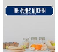 Personalised Street Sign Plaque - Custom Family Surname Kitchen | Seasoned With Love | Home Décor Gift Customised Family Kitchen Street Sign (Navy, MDF Wood Large: 44cm x 9cm)