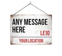 Personalised Street Sign - WORN - 2 Holes & Twine. Metal Sign Horizontal - Vintage worn rusty look print. Any name your message here London Familly