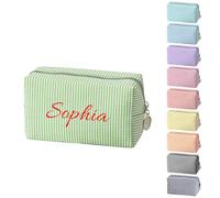 Personalised Stripe Makeup Bag, Custom Embroidered Name Cosmetic Bag, Portable Travel Toiletry Bag, Monogrammed Wash Bag, Gift for Women Bridesmaid Birthday Mother's Day (Green)