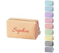 Personalised Stripe Makeup Bag, Custom Embroidered Name Cosmetic Bag, Portable Travel Toiletry Bag, Monogrammed Wash Bag, Gift for Women Bridesmaid Birthday Mother's Day (Orange)