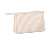 Personalised Stripe Makeup Bag, Cute Cake-Themed Make-up Bag, Portable toiletries Organiser, Gift for Women Bridesmaid Birthday Mother's Day (Beige)