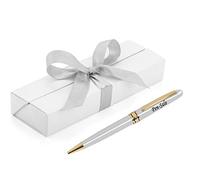 Personalised Stylish Ballpoint Engraved Pen in a classy gift box with a silver ribbon - Gifts for Christmas or Any Gift Idea, Gifts For Men and Women - Enter Your Custom Engraving (Silver Gold Trim)