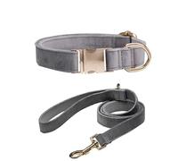 Personalised Suede Dog Collar with Customized Text, Collar and Lead Set, Different Sizes and Adjustable to Fit Puppies, Cats, and Middle、Large Dogs Light Gray XS A