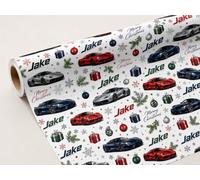 Personalised Supercar Christmas Gift Wrap with Custom Name - Sports Car Christmas Wrapping Paper for Boys, Car Lovers & Racing Fans 1 Meter