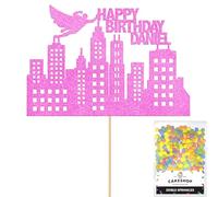 Personalised Superhero City Comic Glitter Cake Topper- Light Pink Any Custom Name Glitter Cake Decoration and Sprinkles - Happy Birthday Decorations - Personalised Toppers for Cakes by Cakeshop