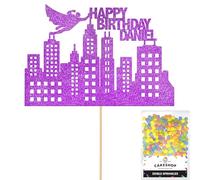 Personalised Superhero City Comic Glitter Cake Topper- Purple Any Custom Name Glitter Cake Decoration and Sprinkles - Happy Birthday Decorations - Personalised Toppers for Cakes by Cakeshop