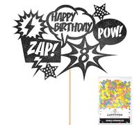 Personalised Superhero Comic Pow! Zap! Glitter Cake Topper- Black Any Custom Age Glitter Cake Decoration and Sprinkles - Happy Birthday Decorations - Personalised Toppers for Cakes by Cakeshop