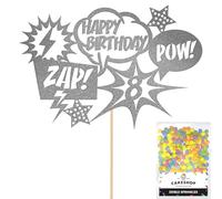 Personalised Superhero Comic Pow! Zap! Glitter Cake Topper- Dark Silver Any Custom Age Glitter Cake Decoration and Sprinkles - Happy Birthday Decorations - Personalised Toppers for Cakes by Cakeshop