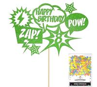 Personalised Superhero Comic Pow! Zap! Glitter Cake Topper- Green Any Custom Age Glitter Cake Decoration and Sprinkles - Happy Birthday Decorations - Personalised Toppers for Cakes by Cakeshop