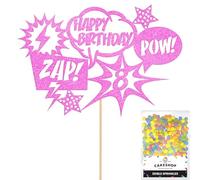 Personalised Superhero Comic Pow! Zap! Glitter Cake Topper- Light Pink Any Custom Age Glitter Cake Decoration and Sprinkles - Happy Birthday Decorations - Personalised Toppers for Cakes by Cakeshop