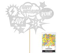 Personalised Superhero Comic Pow! Zap! Glitter Cake Topper- Light Silver Any Custom Age Glitter Cake Decoration and Sprinkles - Happy Birthday Decorations - Personalised Toppers for Cakes by Cakeshop