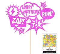Personalised Superhero Comic Pow! Zap! Glitter Cake Topper- Pink Any Custom Age Glitter Cake Decoration and Sprinkles - Happy Birthday Decorations - Personalised Toppers for Cakes by Cakeshop