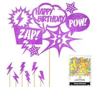 Personalised Superhero Comic Pow! Zap! Glitter Cake Topper- Purple Any Custom Age Glitter Cake Decoration and Sprinkles - Happy Birthday Decorations - Personalised Toppers for Cakes by Cakeshop