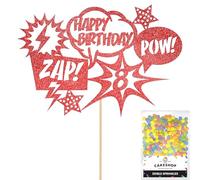 Personalised Superhero Comic Pow! Zap! Glitter Cake Topper- Red Any Custom Age Glitter Cake Decoration and Sprinkles - Happy Birthday Decorations - Personalised Toppers for Cakes by Cakeshop
