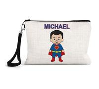 Personalised Superhero Gift - Funny Cartoon Character, Make Up Bag with Strap, Linen Cosmetics, Beauty Bag.