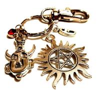 Personalised Supernatural Inspired Samulet and Pentagram Protection Keychain with Initial & Birthstone, Dean Winchester, Flaming Pentagram