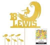 Personalised Surfer Wave Surfing Glitter Cake Topper- Gold Any Custom Age & Name Glitter Cake Decoration and Sprinkles - Happy Birthday Decorations - Personalised Toppers for Cakes by Cakeshop