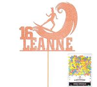 Personalised Surfer Wave Surfing Glitter Cake Topper Rose Gold Any Custom Age & Name Glitter Cake Decoration and Sprinkles - Happy Birthday Decorations - Personalised Toppers for Cakes by Cakeshop