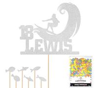 Personalised Surfer Wave Surfing Glitter Cake Topper Silver Any Custom Age & Name Glitter Cake Decoration and Sprinkles - Happy Birthday Decorations - Personalised Toppers for Cakes by Cakeshop