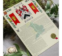 Personalised Surname History Print Unframed A3 - Heraldic Coat of Arms Design - Family Name Heritage Gift
