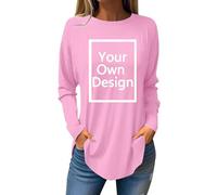Personalised Sweatshirt Women Long Sleeves Blouse Round Neck Casual Customised T Shirts Custom Picture Tops Design Your Own Customisable Shirt Add Image Photo Text Pink
