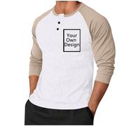 Personalised T Shirt for Men Custom Mens Henley T Shirts Design Your Own Shirt Add Text & Logo Long Sleeve Classic Casual Top Collarless Grandad T-Shirt Golf Shirts Slim Fit Tshirt Work Office