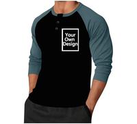 Personalised T Shirt for Men Custom Mens Henley T Shirts Design Your Own Shirt Add Text & Logo Long Sleeve Classic Casual Top Collarless Grandad T-Shirt Golf Shirts Slim Fit Tshirt Work Office