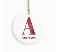 Personalised Tartan Monogram Christmas Bauble - Name & Initial Ceramic Ornament | Custom Tree Decoration
