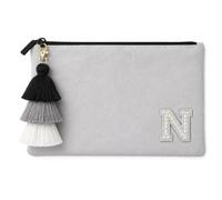 Personalised Tassel Zip Patch Pouch - Custom Name Travel Passport & Document Organiser, Makeup & Toiletry Cosmetic Bag, Evening Clutch for Women, Holiday/Beach Pouch (Grey)