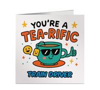 Personalised Tea-rific Train Driver Card - Fun Square Greeting Card - Perfect for Colleague, Work Friend, Birthday or Farewell - UK Printed