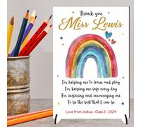 Personalised Teacher Appreciation freestanding Gift Plaque - Thank You Gift with Rainbow Design, Ideal Classroom Keepsake Sign, Custom Teacher Name (MDF Wood, Acrylic - A5-21cm x 14cm)