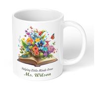 Personalised Teacher Appreciation Mug with Custom Name - Bright Mixed Floral Bouquet Book Design Thank You Gift for Teaching Assistant, Nursery Staff, Tutor - Custom Mug with Colour Inside