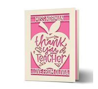 Personalised Teacher Gifts Thank You Teacher Cards Gifts for Women Men Greeting Card Laser Paper Cut Cards with Any Name for Her Him Teacher Teaching Assistant End of Term Gift (Fuchsia)