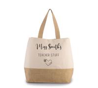 Personalised Teacher Jute Bag - “Teacher Stuff” Design - Custom Name Gift for Teachers - Reusable Shopping Bag - Thank You Present - Canvas Jute Bag with Inner Mobile & Coin Pocket. (Natural)