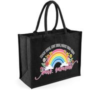 Personalised Teacher Rainbow Jute Tote Bag| Custom Name Gift for Teacher | "Teach Them, Love Them, Watch Them Grow" School, Shopping, Work & Everyday Use, Black.